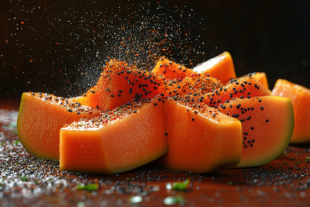 Cantaloupe slices are artfully arranged and generously coated with spices on a textured surface.の写真素材