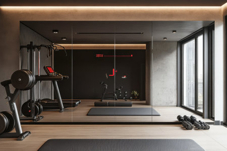 A stylish home gym includes workout machines, weights, and large mirrors for convenient exercise routines.の写真素材
