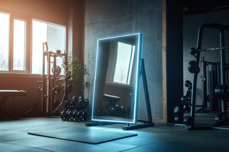 Illuminated mirror reflects sunlight in a fitness studio filled with workout equipment and weights.の写真素材