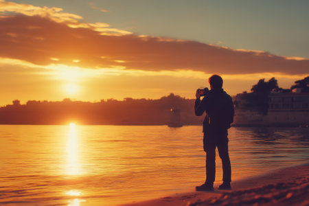 A person stands on the beach, photographing the stunning sunset reflecting on calm waters.の写真素材