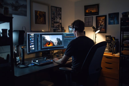 Person focuses on enhancing visuals using multiple screens in a dimly lit workspace after hours.の写真素材