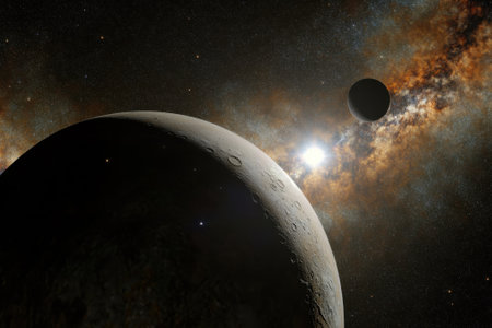 Distant planets shine amid vibrant stars and a swirling galaxy, showcasing a stunning celestial display.の写真素材