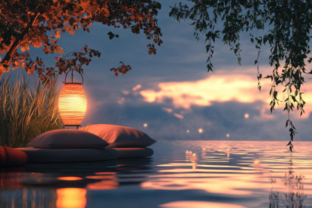Soft lantern light illuminates cozy cushions as the sun sets over calm water, creating a peaceful atmosphere.の写真素材
