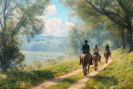 Three riders on horseback navigate a winding path surrounded by greenery and sunlight on a clear day.の写真素材