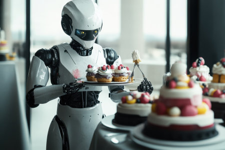A robot carefully carries a tray of colorful cakes at a festive indoor gathering featuring elegant decor.の写真素材
