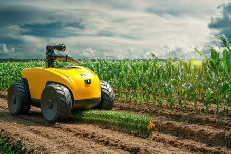 A yellow robot navigates through rows of crops, assisting with cultivation on a cloudy day.の写真素材