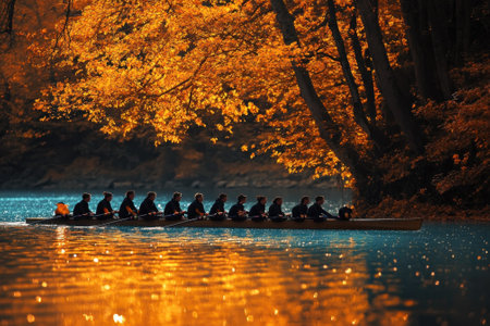 A rowing team navigates a tranquil lake reflecting golden autumn leaves in the evening light.の写真素材
