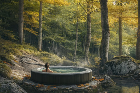 A person enjoys a peaceful soak in a hot tub amidst vibrant autumn trees, with steam rising in the fresh air.の写真素材
