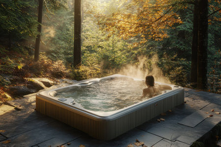 A person enjoys a warm soak in a hot tub amidst lush green trees and autumn leaves at sunset.の写真素材