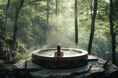 A person enjoys a hot tub experience in a serene forest setting, engulfed by steam and morning light.の写真素材