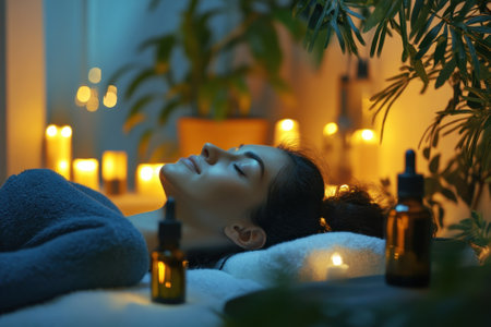 A woman enjoys a calming experience surrounded by candles and soothing scents in a peaceful environment.の写真素材