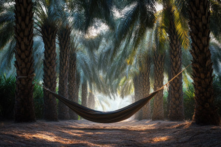A hammock swings gently between tall palm trees, inviting relaxation in a peaceful natural setting.の写真素材