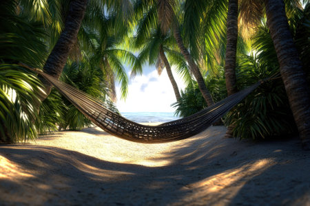 A hammock sways gently between palm trees, with soft sand and ocean waves in the background under a colorful sky.の写真素材