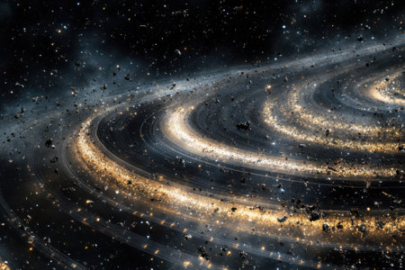 A stunning view of a galaxy featuring swirling rings of stars and cosmic dust against a dark backdrop of space.の写真素材