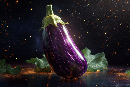 Fresh purple eggplant stands prominently with scattered spices and leafy greens creating a vibrant contrast.の写真素材