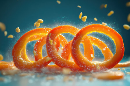 Vibrant orange rings float above a surface, surrounded by peanut fragments, creating a lively atmosphere.の写真素材