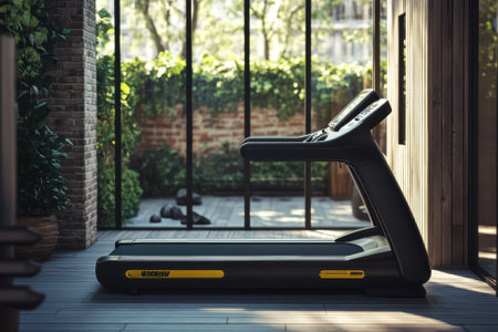 A sleek treadmill sits in a well-lit gym area filled with plants, perfect for a workout routine.の写真素材
