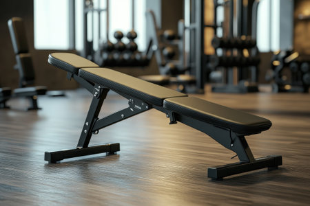 An adjustable workout bench sits in a well-lit gym, ready for fitness routines and strength training exercises.の写真素材