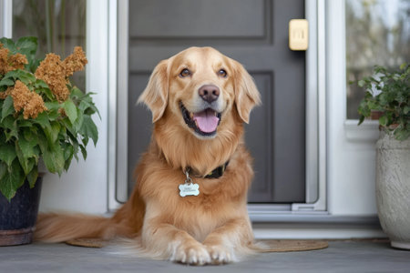 A cheerful golden retriever relaxes on a porch next to vibrant potted plants, enjoying the sunny weather.の写真素材
