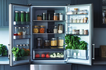 The refrigerator is filled with fresh greens, jars of sauces, and containers for meal preparation.の写真素材