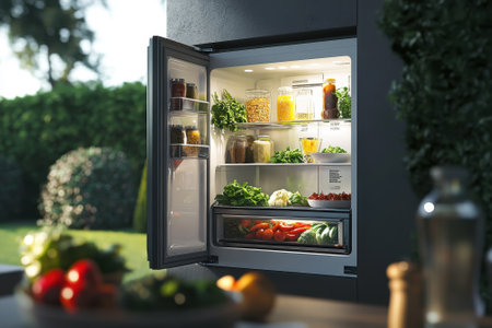 A bright refrigerator stands open showing an array of fresh vegetables, herbs, and jars, surrounded by greenery.の写真素材