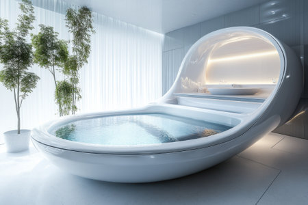 A luxurious spa featuring a uniquely shaped bathtub filled with water, surrounded by plants and soft lighting.の写真素材