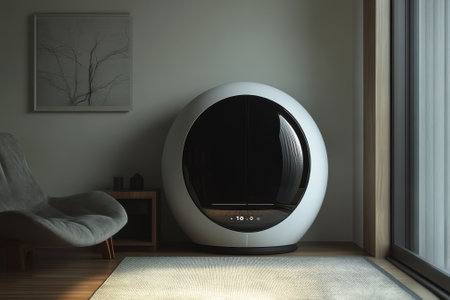 A sleek spherical appliance stands in a softly lit room, complementing the minimalist decor and furniture.の写真素材
