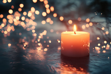 A candle burns brightly on a reflective surface, illuminating the surrounding twinkling lights in the evening.の写真素材