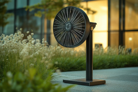 An elegant outdoor fan is positioned near greenery, with soft evening light illuminating the surroundings.の写真素材