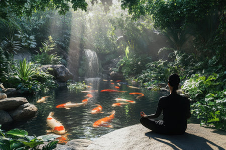 A person meditates peacefully by a koi pond surrounded by lush greenery and a waterfall during sunrise.の写真素材