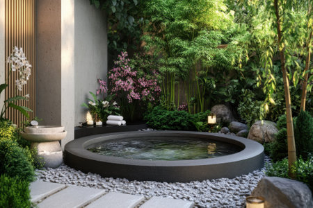 A circular hot tub is surrounded by vibrant plants and flowers, creating a peaceful and relaxing atmosphere.の写真素材