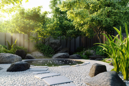 A tranquil garden features a pond with a stone pathway, bordered by vibrant plants and trees in sunlight.の写真素材
