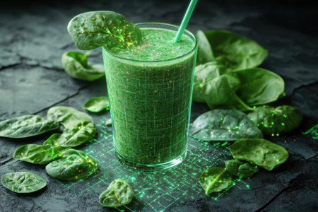 A refreshing spinach smoothie sits in a glass, surrounded by fresh spinach leaves, showing a healthy lifestyle.の写真素材