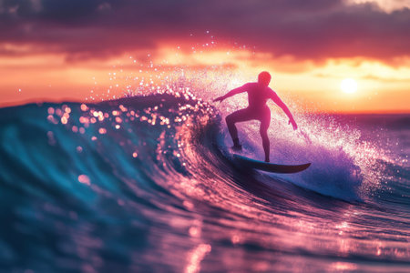 Surfer glides on a colorful wave during sunset, creating a stunning silhouette against the sky.の写真素材