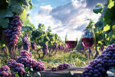 Two glasses of red wine sit elegantly in a lush vineyard at sunset, surrounded by ripe grapes on the vines.の写真素材