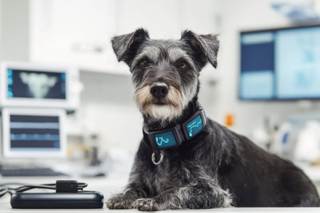 Small dog resting on a table in a veterinary clinic, wearing a smart collar for monitoring health metrics.の写真素材