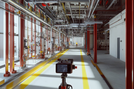 Brightly lit industrial facility features rows of equipment along yellow lines, showing a modern design setup.の写真素材