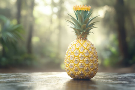 A fresh pineapple stands alone on a surface, illuminated by gentle sunlight amid a lush green forest.の写真素材