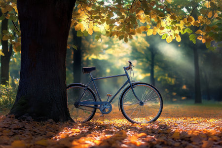 A bicycle is leaning against a tree in a vibrant autumn forest filled with colorful leaves and sunlight.の写真素材