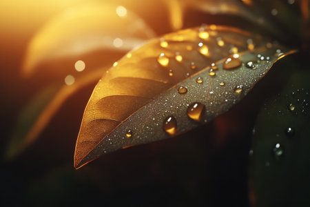 Morning sunlight illuminates a leaf, accentuating droplets of water and showing nature's beauty.の写真素材