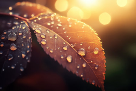 Water droplets sparkle on vibrant leaves as the sun rises, creating a peaceful morning atmosphere.の写真素材