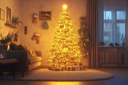 A cozy living room featuring a bright Christmas tree adorned with lights, surrounded by gifts and holiday decorations.の写真素材