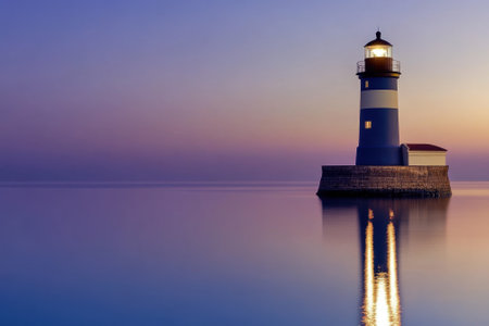 A lighthouse shines brightly in the twilight, reflecting in calm waters, creating a tranquil atmosphere.の写真素材