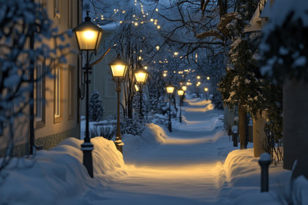 A quiet winter evening features softly lit street lamps lining a snow-covered pathway, creating a serene atmosphere.の写真素材