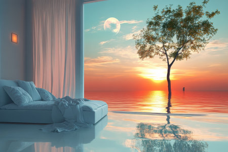 A tranquil sunset fills the room with warm colors, featuring a tree silhouetted against the water.の写真素材