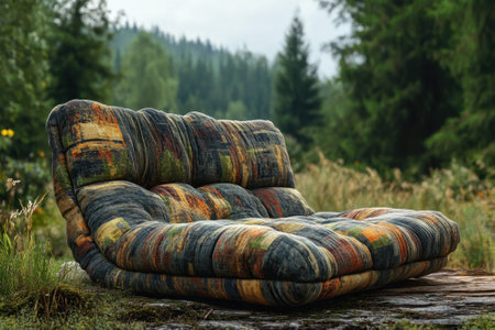 A colorful chair rests on a natural surface surrounded by dense trees and peaceful nature in the background.の写真素材