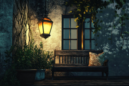 A wooden bench sits against a rustic wall illuminated by a warm lantern at night, surrounded by plants.の素材