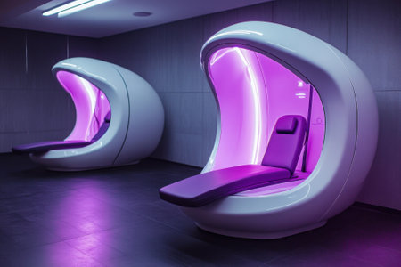 Two sleek relaxation pods feature soothing purple lighting in a calming wellness environment designed for rest.の写真素材