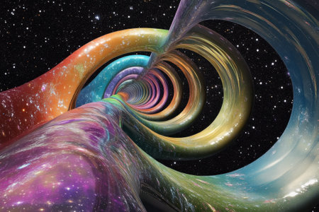 A vibrant tunnel of swirling colors stretches into the starry universe, creating a sense of depth and motion.の写真素材