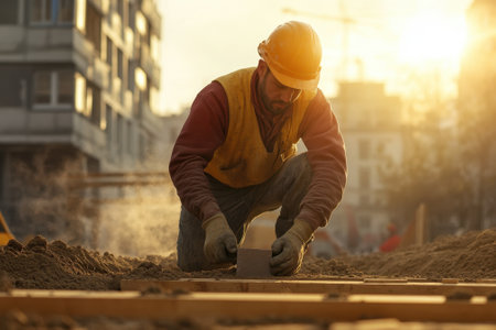 A construction worker focuses on placing bricks while the sun sets in a developing city environment.の写真素材